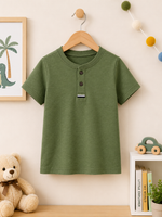 Olive green Color Button up henley kids Summer Shirt