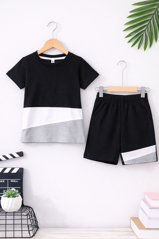Black grey color block kids summer tshirt & shorts